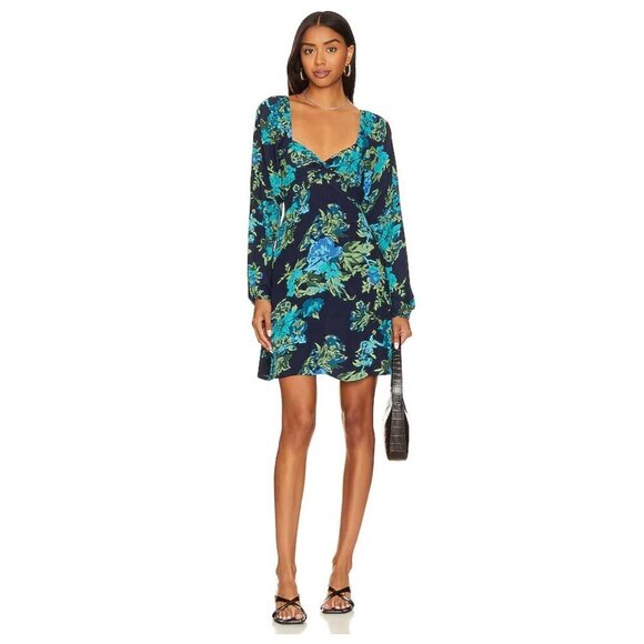 Faithfull The Brand Amias Smocked Mini Dress Women’s 4 Navy Escala Floral READ - Picture 1 of 10
